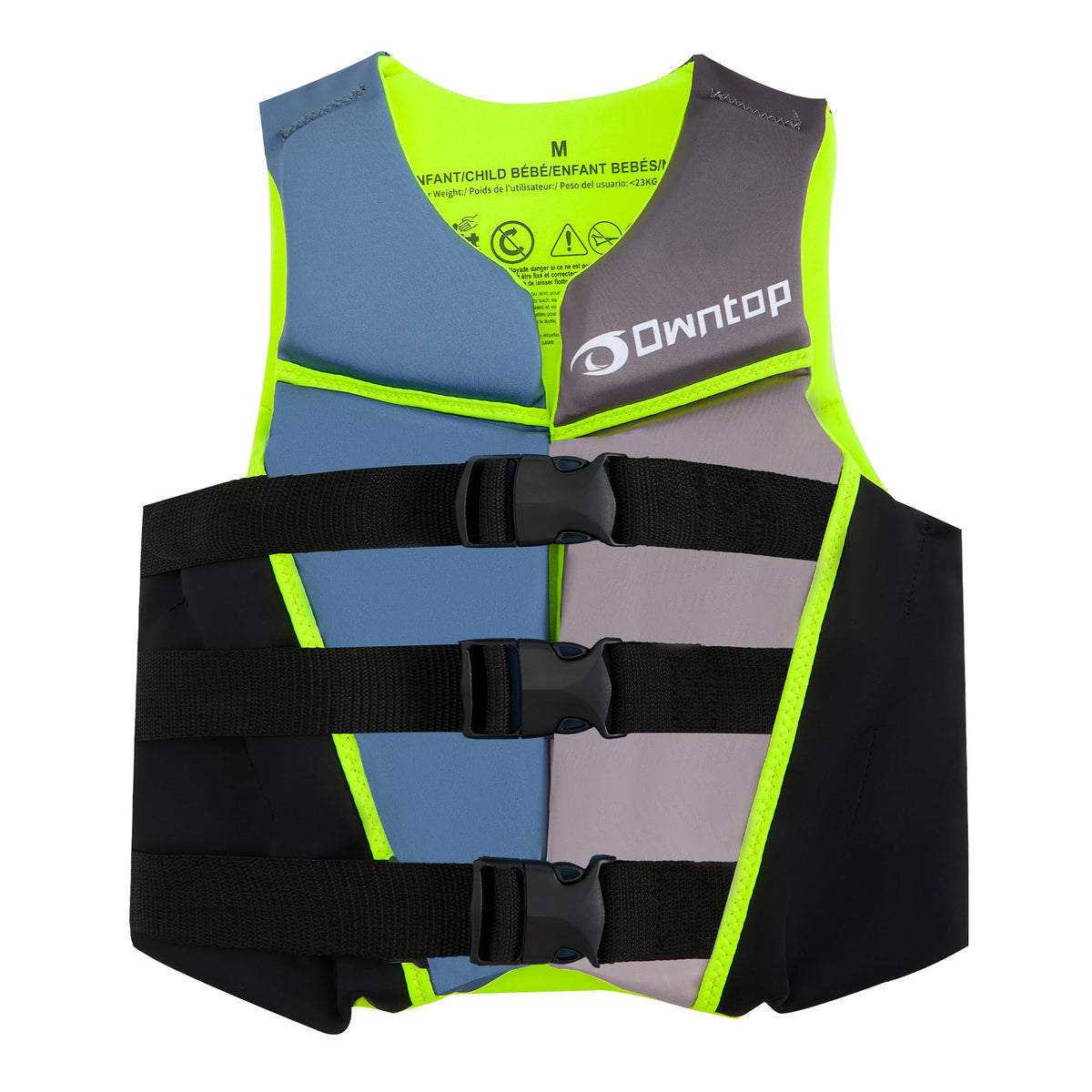 Owntop front view of swim vest showing secure fit and bright color benefit