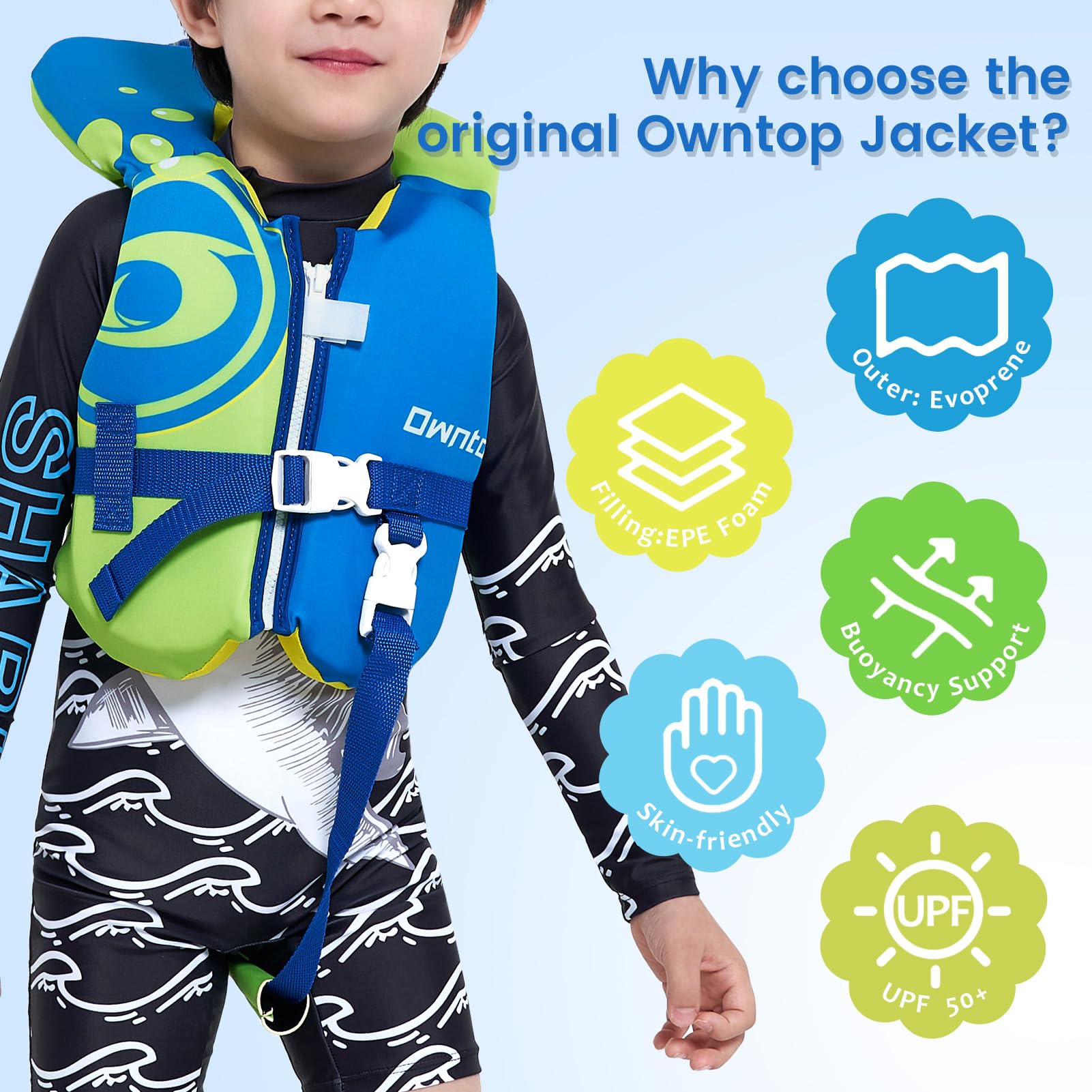 Owntop vest next to toy showing size and fit for toddlers up to 30 lbs