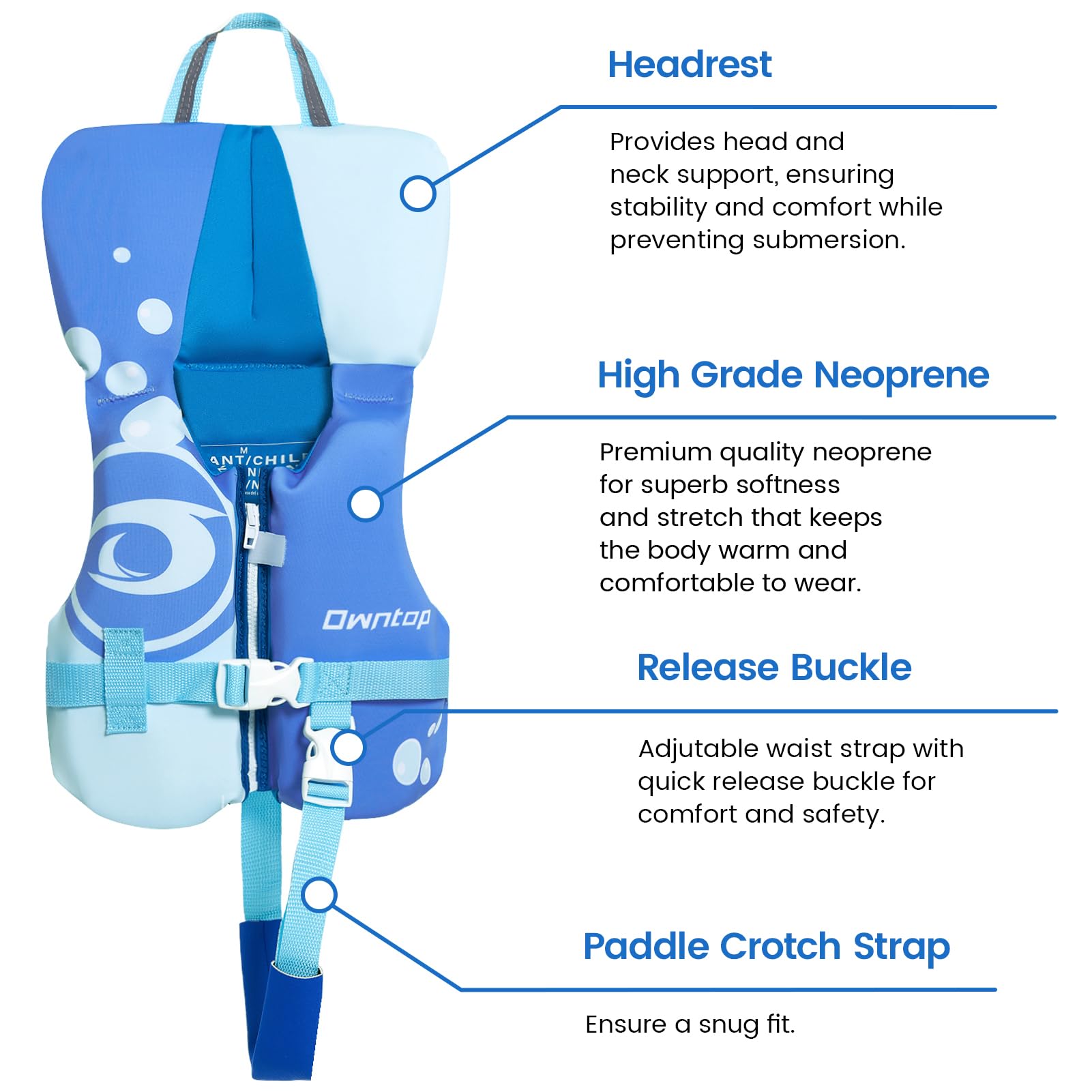 Owntop close-up of zipper and buckle for quick dressing and safety