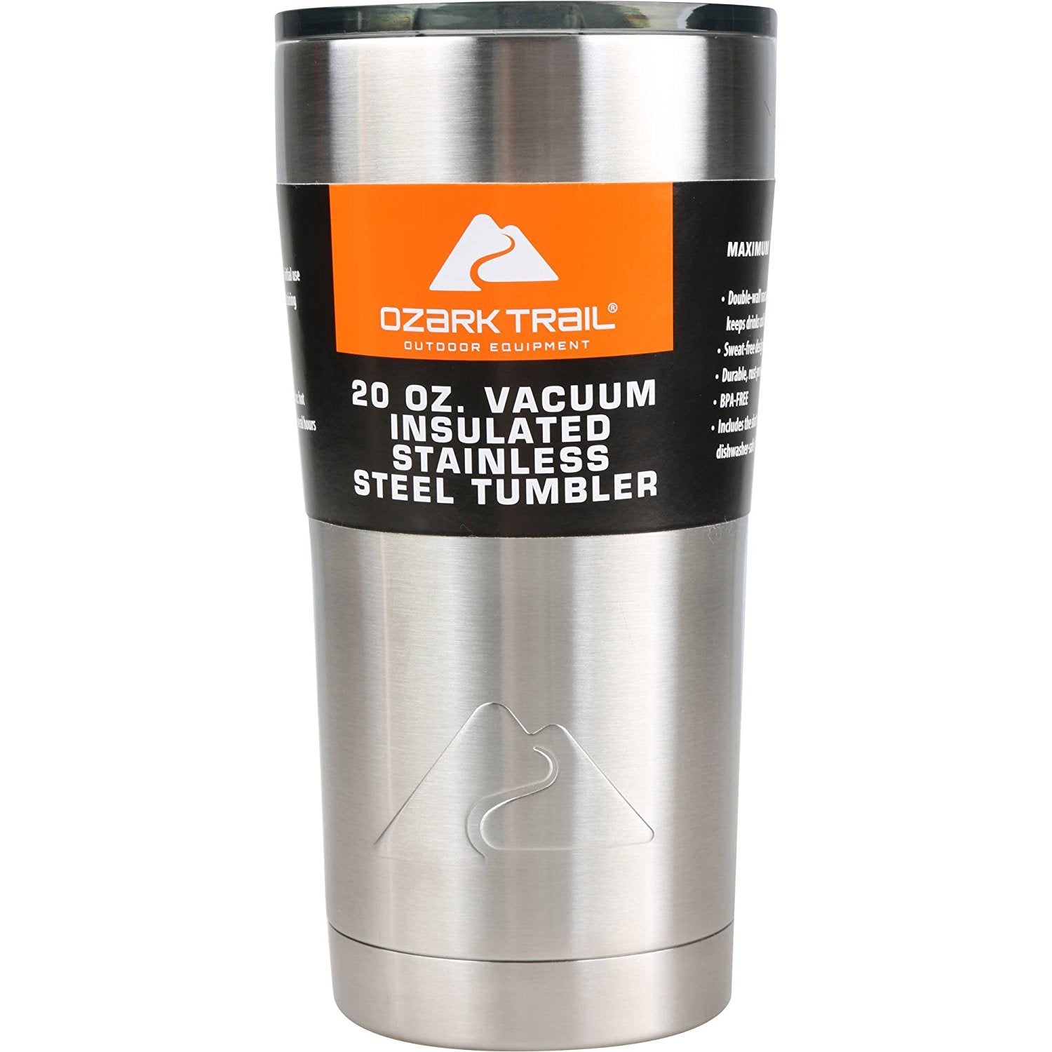 ozark trail tumbler front view showing stainless steel finish and ergonomic design benefit