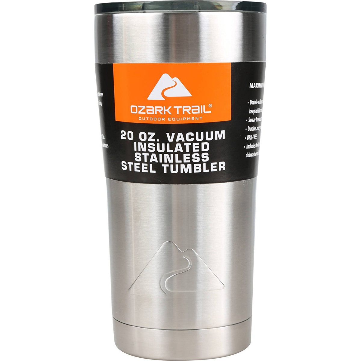 ozark trail tumbler front view showing stainless steel finish and ergonomic design benefit