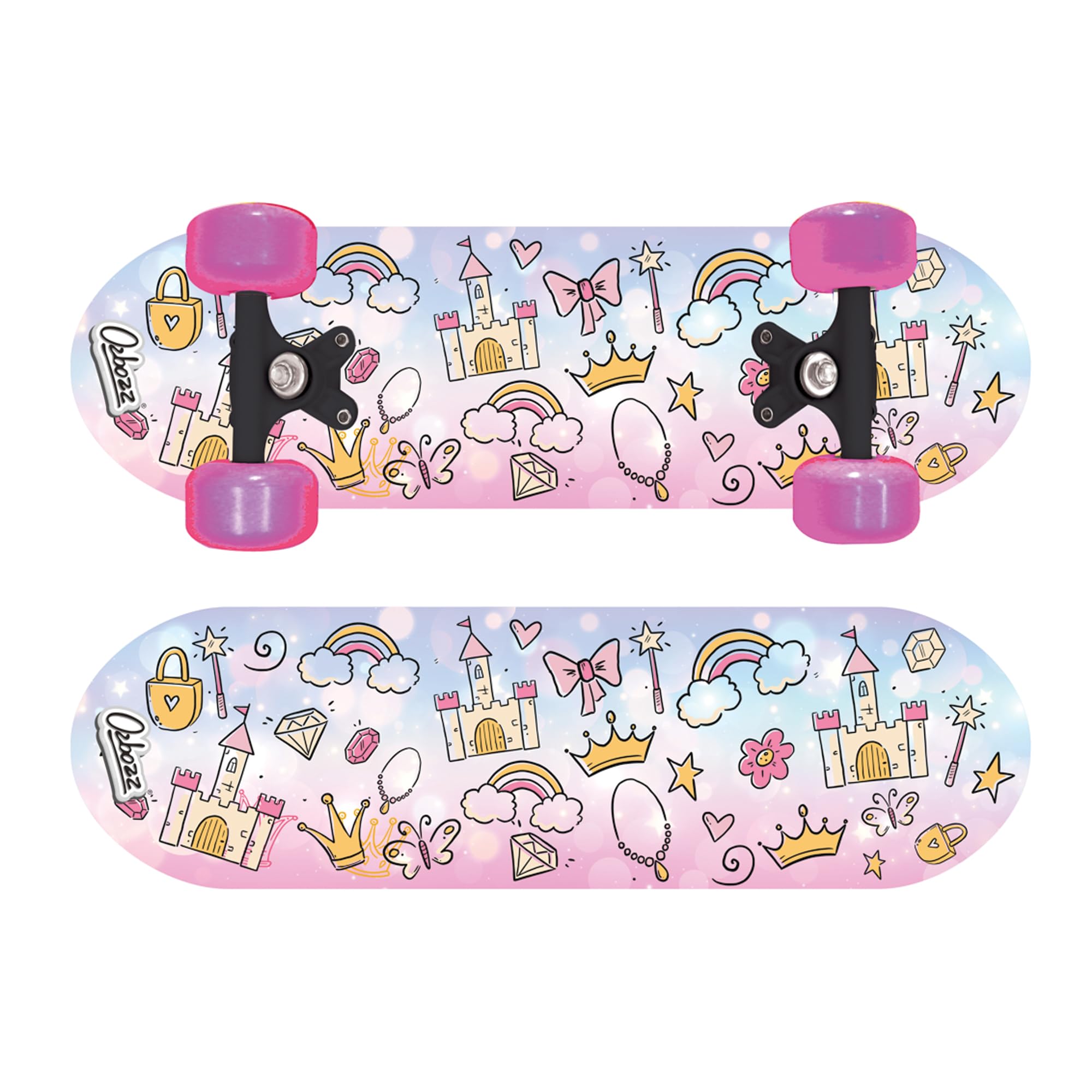 Ozbozz princess skateboard front view showing deck design and secure grip