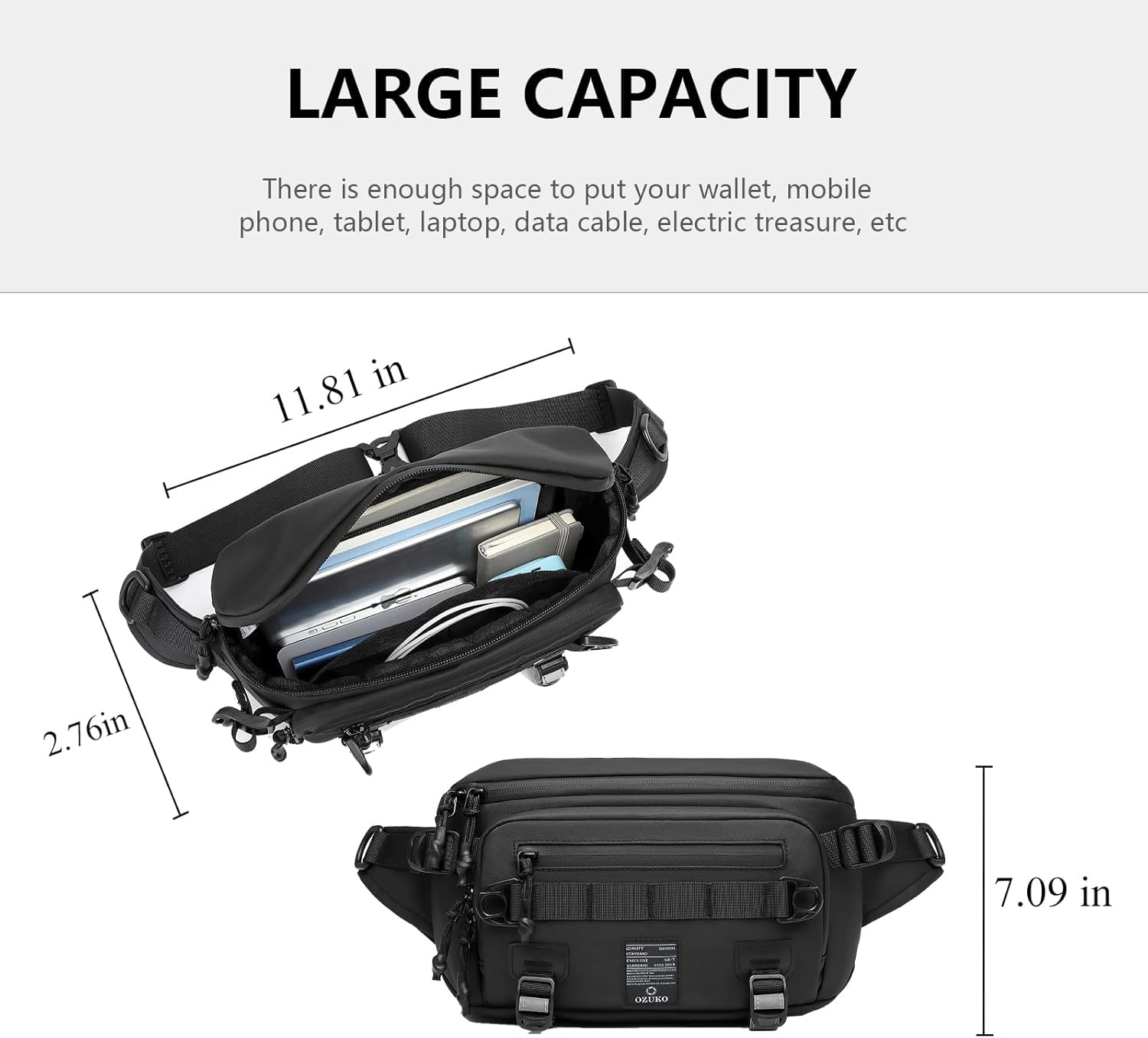 OZUKO close-up of heavy-duty zipper and water-resistant fabric for durability