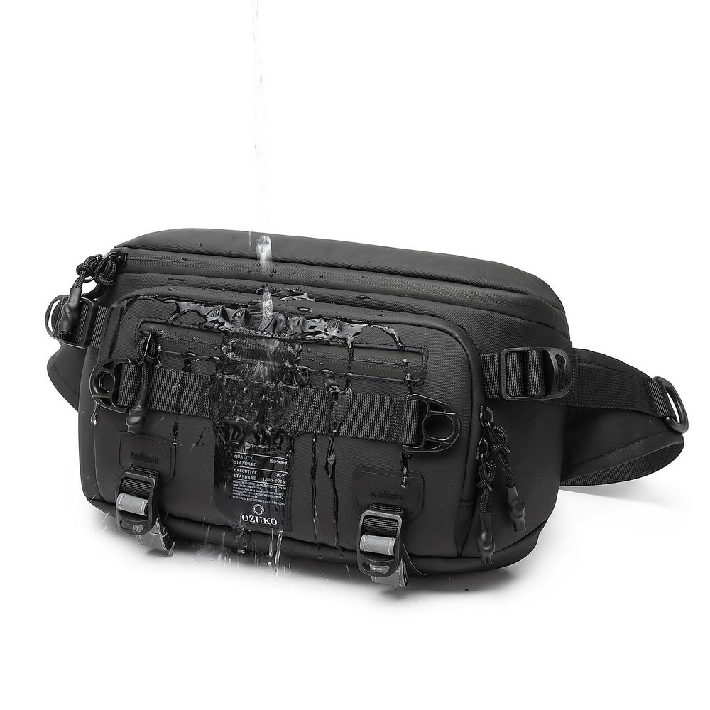 OZUKO front view of fanny pack showing sleek profile and secure carry