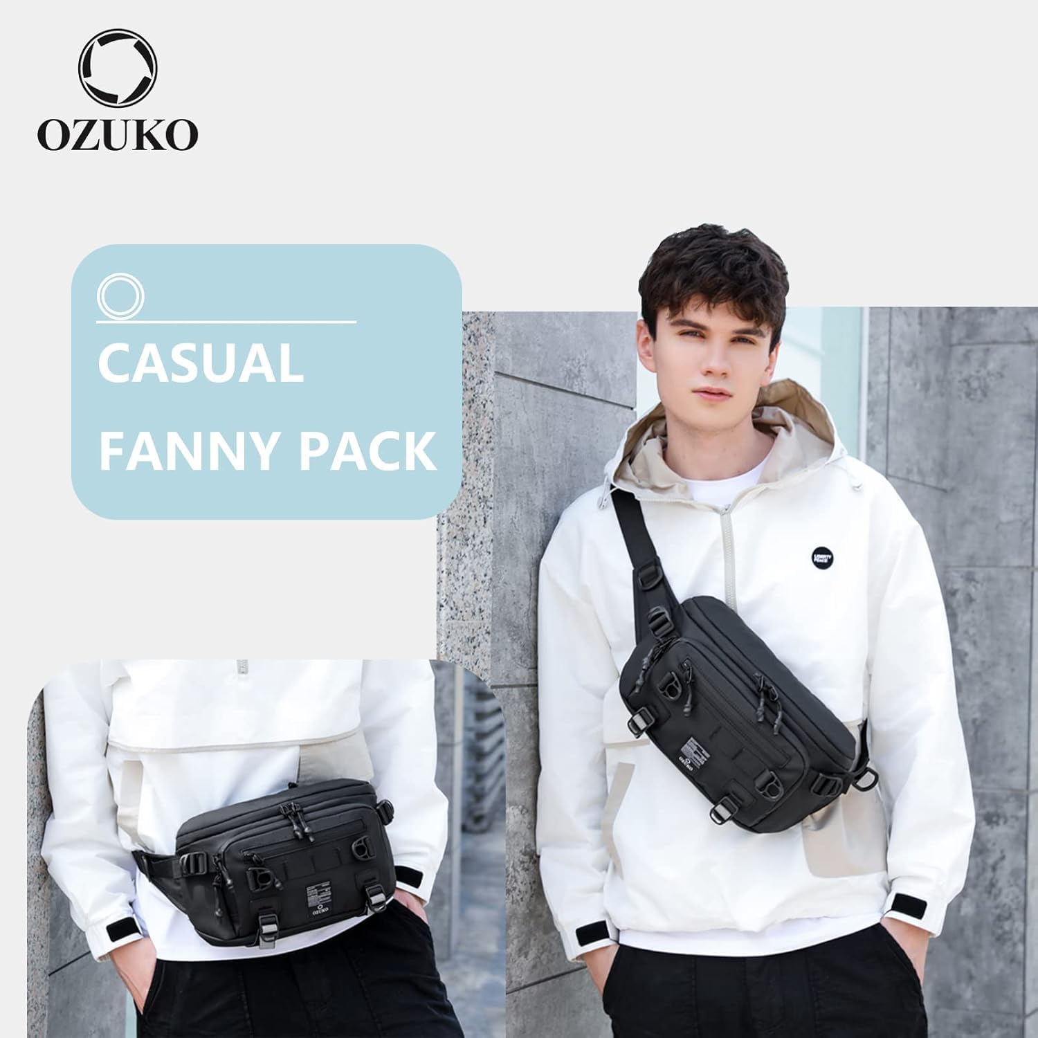 OZUKO on hip in urban outdoor scene highlighting travel-ready convenience