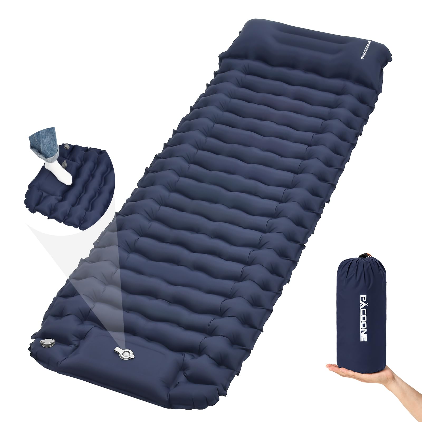 PACOONE front view filled mat in navy showing full sleeping surface and comfort
