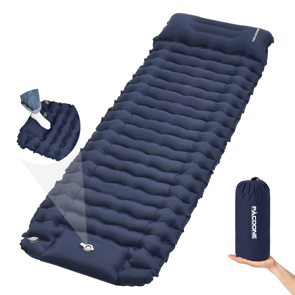 PACOONE front view filled mat in navy showing full sleeping surface and comfort
