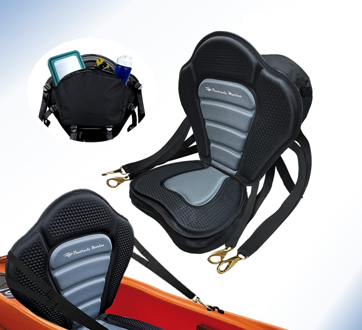 Pactrade Marine front view of the deluxe kayak seat showing contour and branding for comfort
