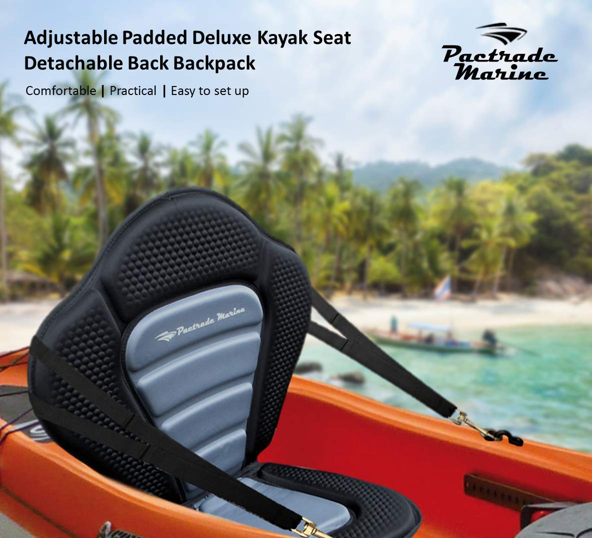 Pactrade Marine seat beside tape measure illustrating dimensions and extra 2.5 inches padding