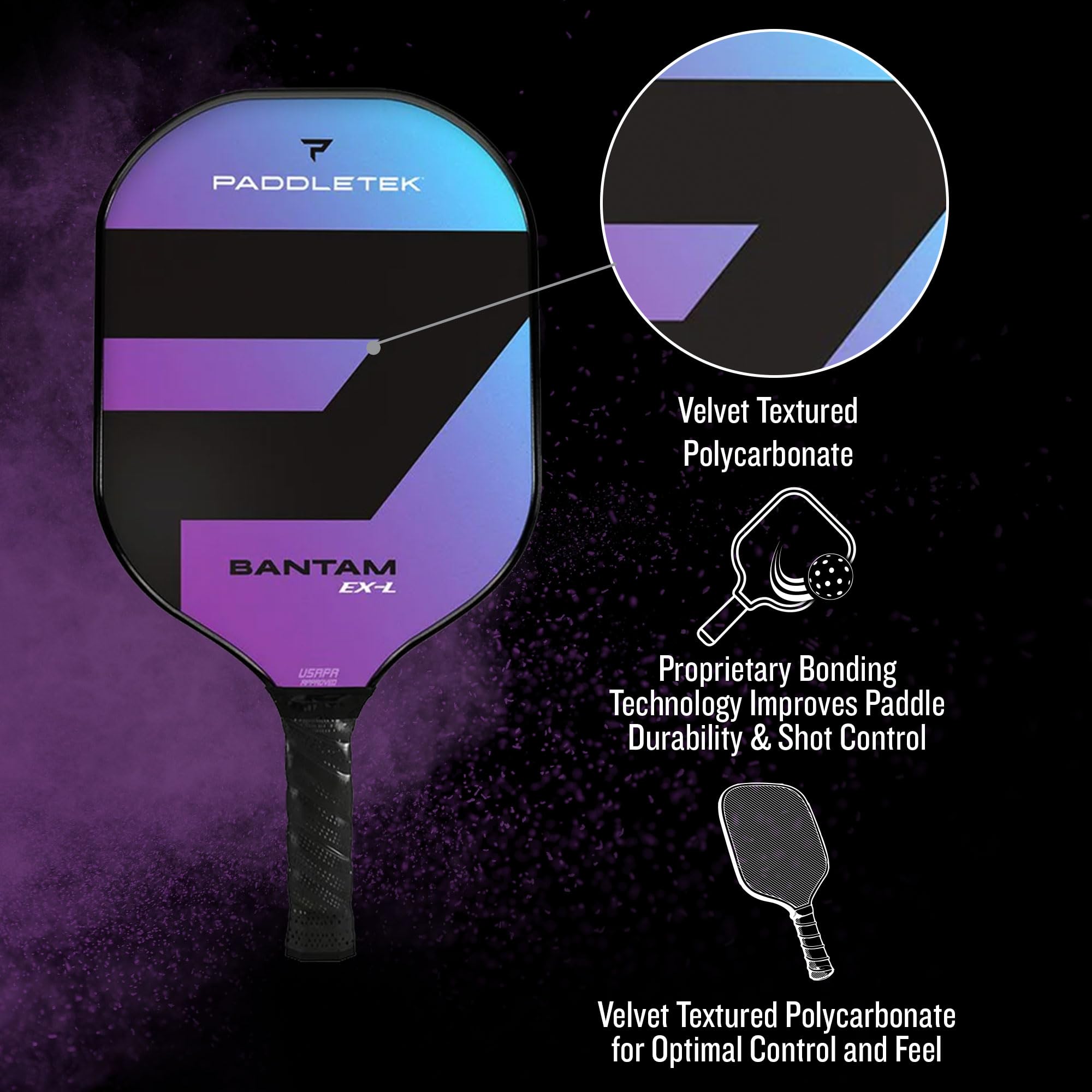 Paddletek Bantam EX-L held in hand to show scale and balanced weight
