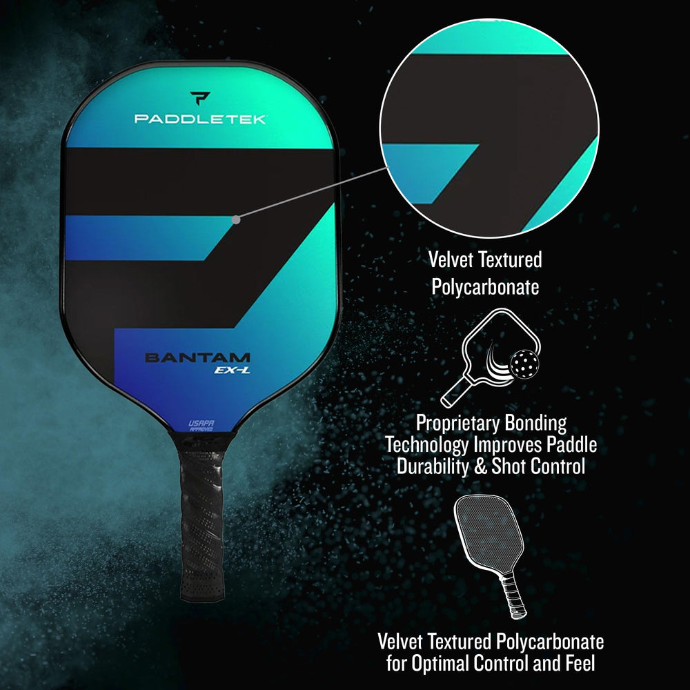 Paddletek Bantam EX-L size scale next to ball demonstrating full-sized sweet spot