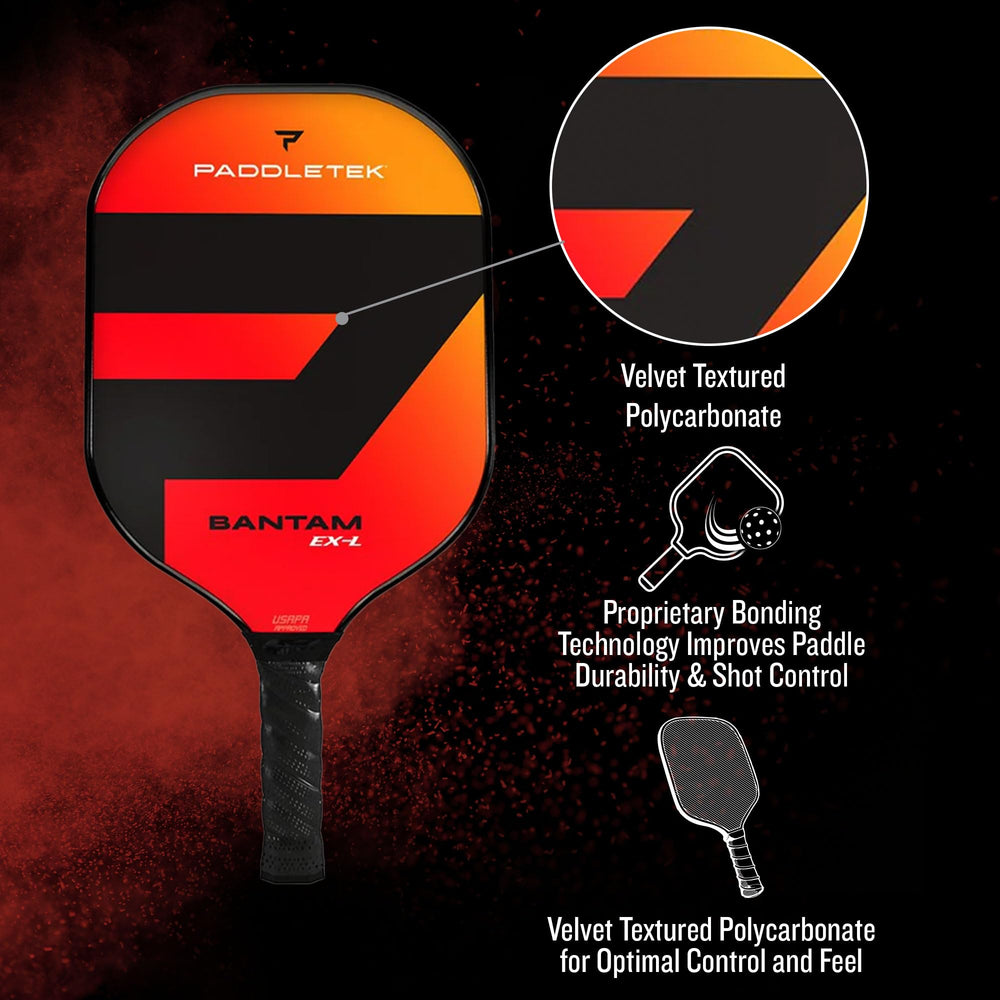 Paddletek Bantam EX-L next to racket for scale showing medium-weight balance and maneuverability