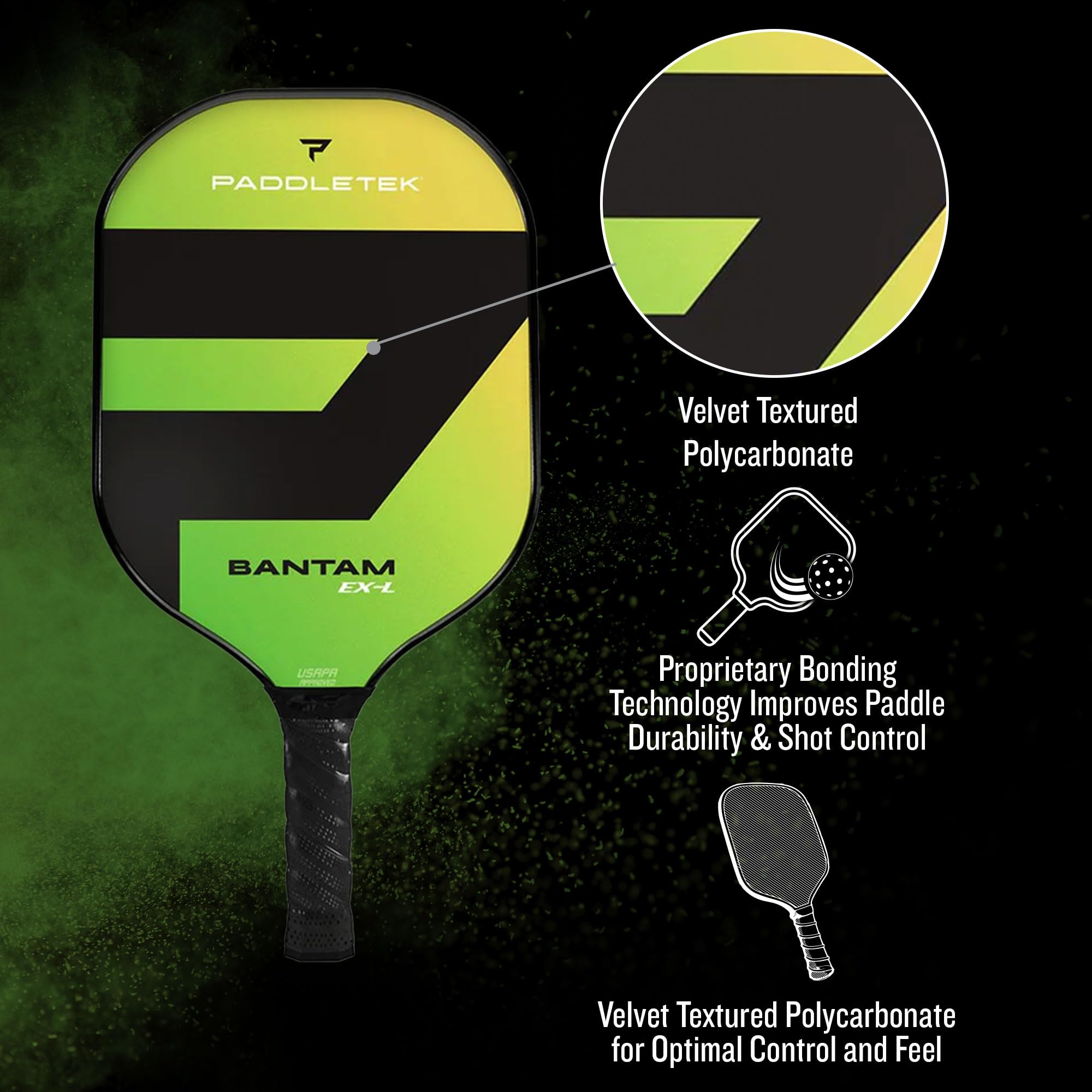 Paddletek Bantam EX-L beside a tennis ball showing paddle size and competitive compliance