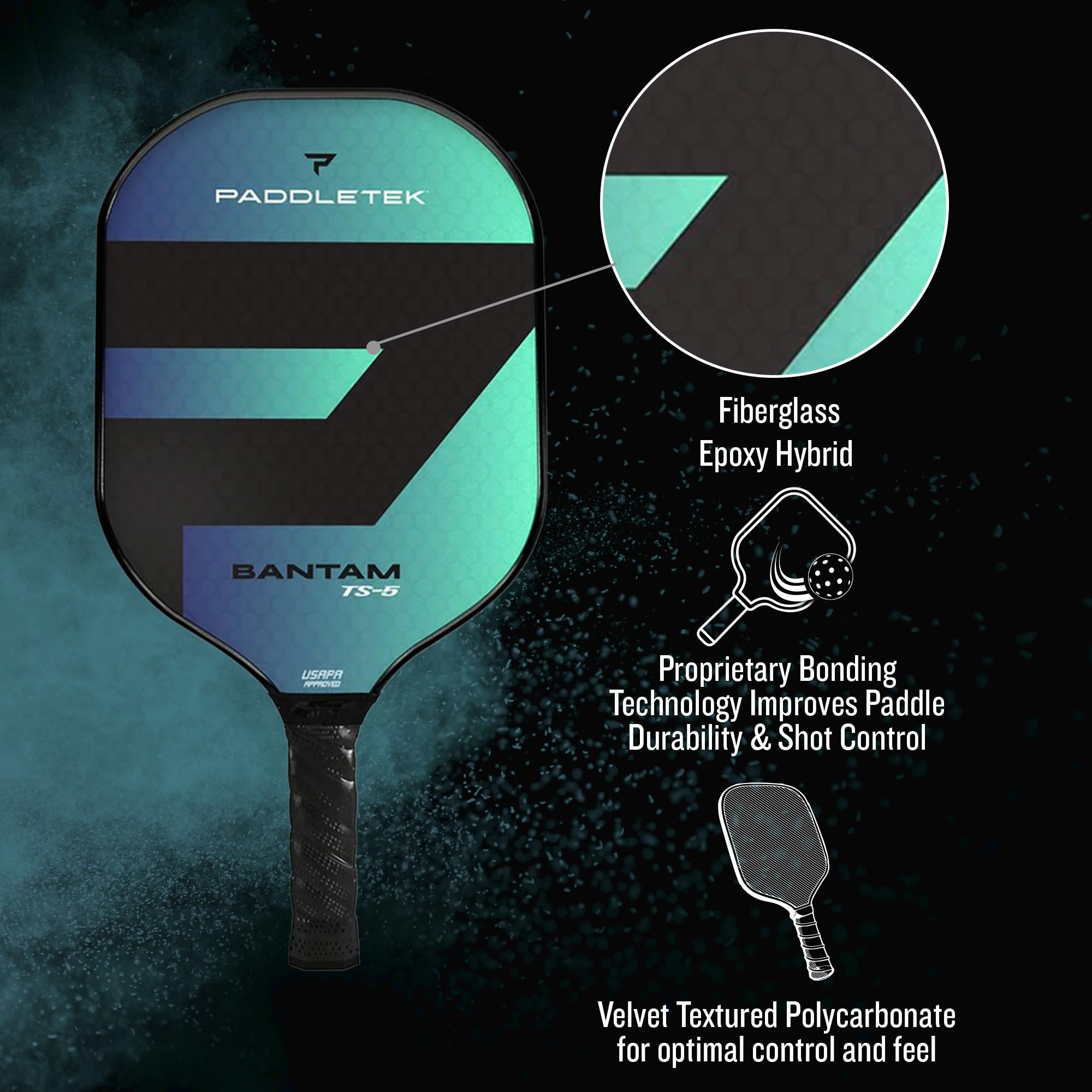 Paddletek Bantam TS-5 on court lifestyle shot conveying fast maneuverability