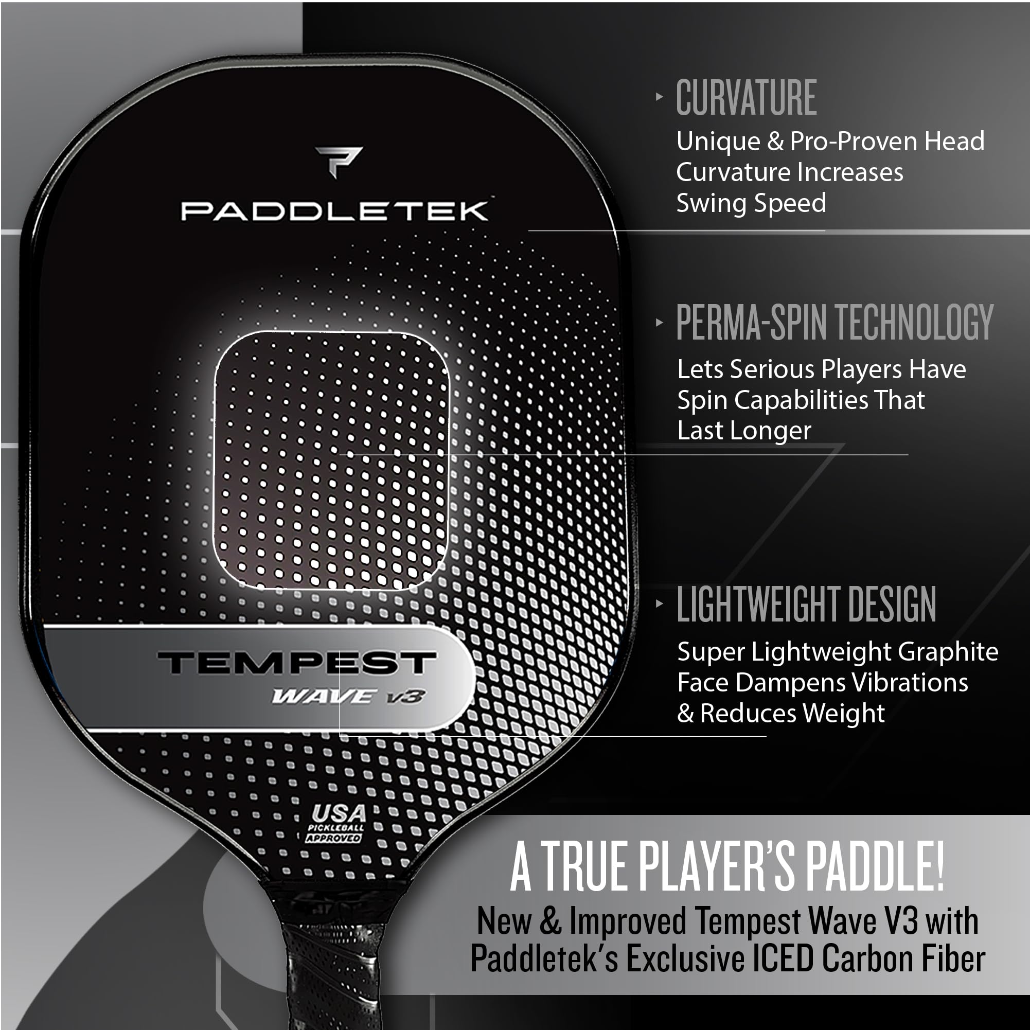 Close-up of Paddletek ICED carbon fiber texture highlighting durable spin-friendly surface