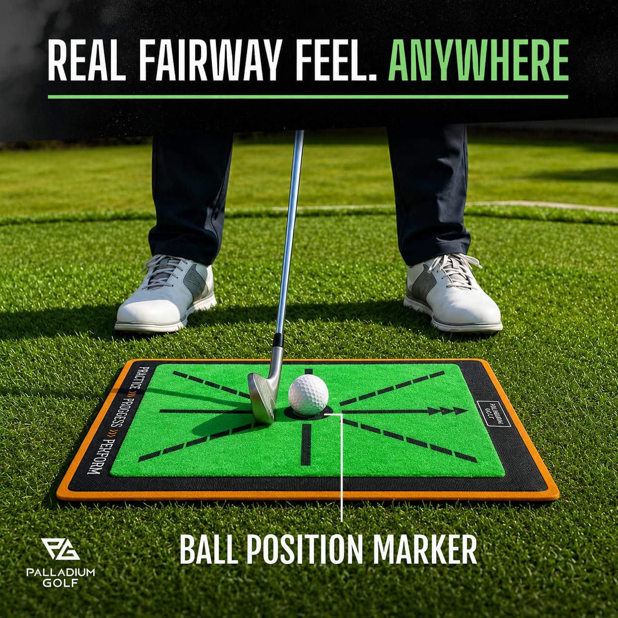 Palladium Golf mat in a garage practice space demonstrating stability and use