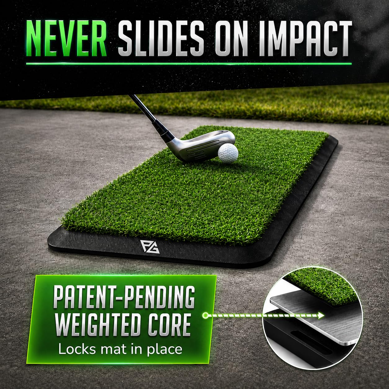 PG Palladium Golf mat used in a garage simulator for consistent practice benefit