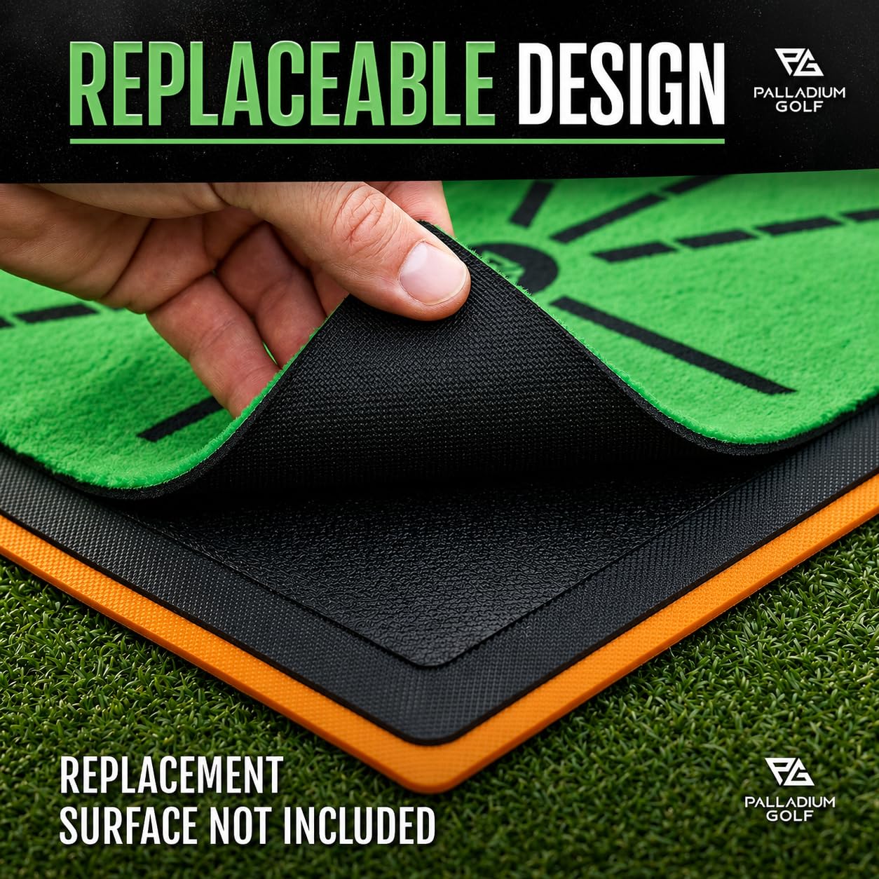Palladium Golf mat next to a golf club for scale and portability benefit