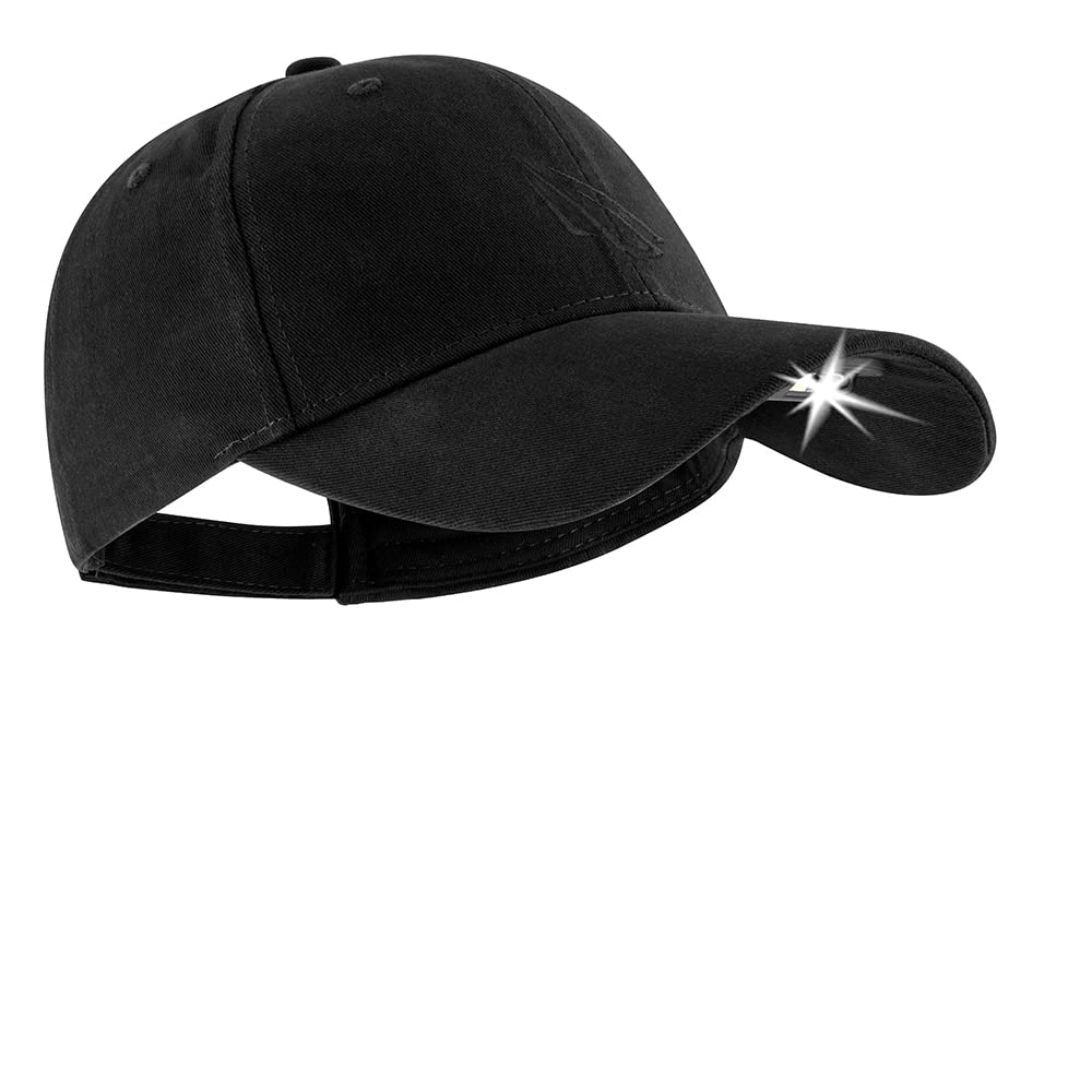 Panther Vision POWERCAP front view showing LED on and brim lighting the path benefit hands-free light