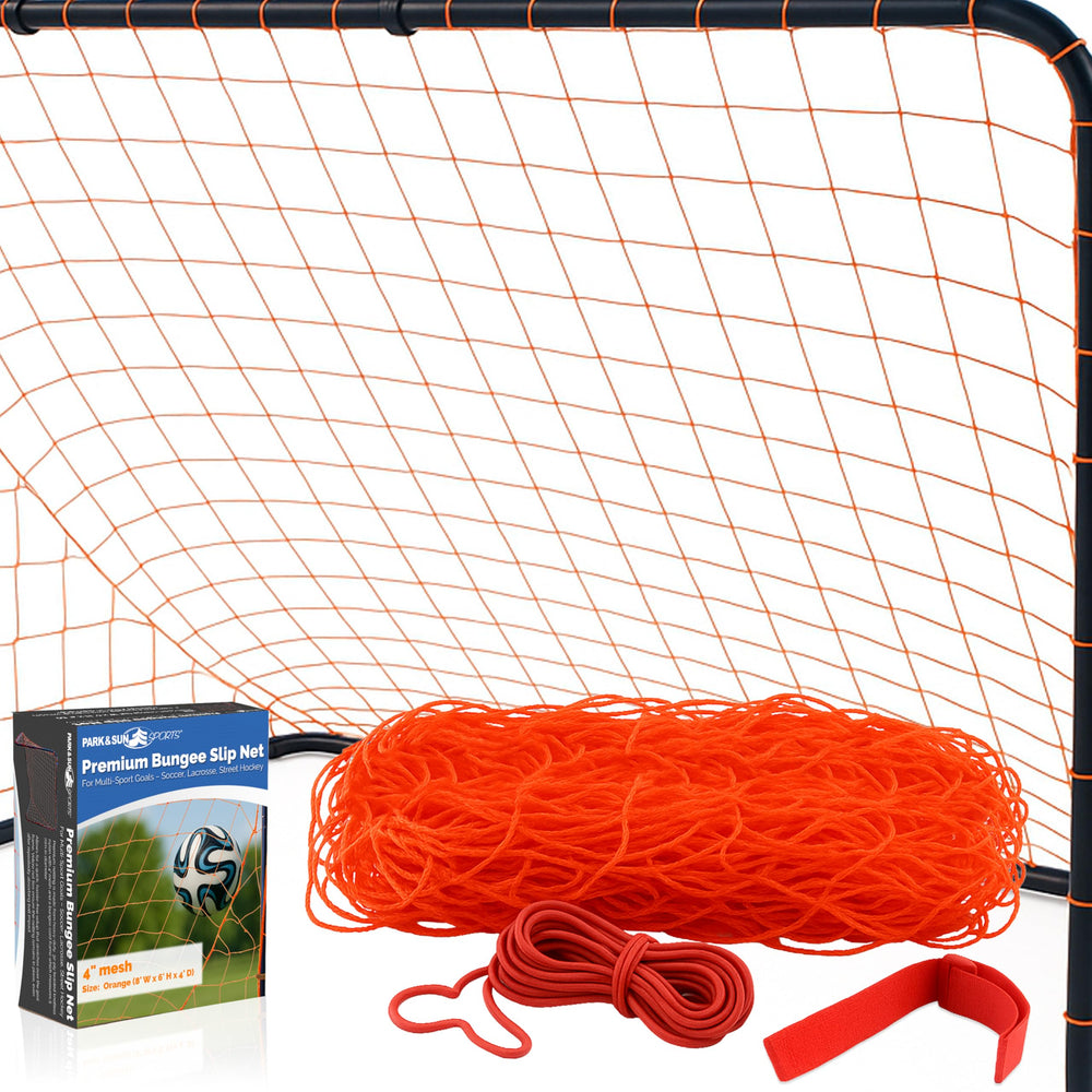 Park & Sun Sports front view of orange slip net showing full goal fit and visibility benefit