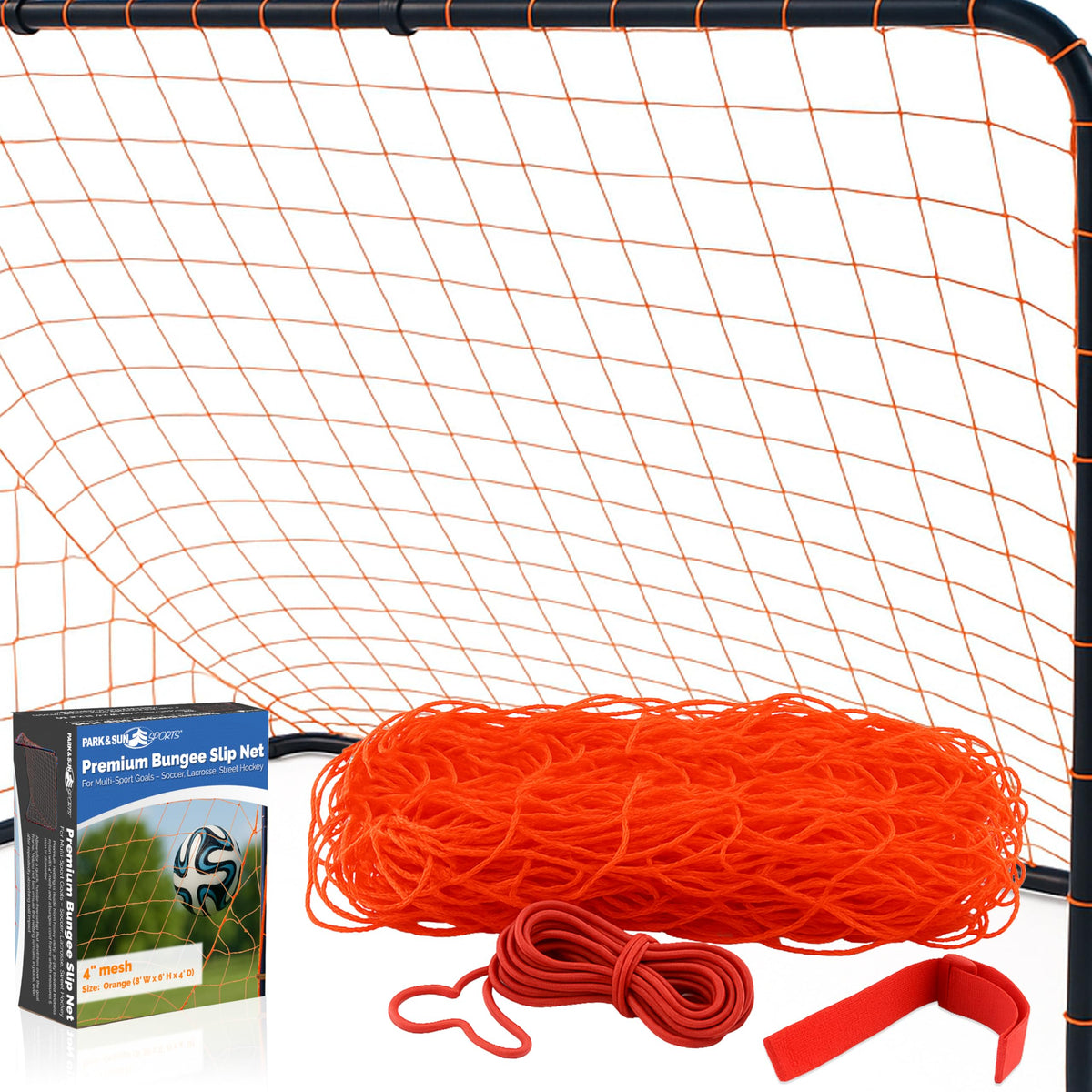 Park & Sun Sports front view of orange slip net showing full goal fit and visibility benefit