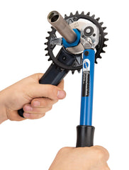 Park Tool LRT-4 shown installed on Shimano direct-mount chainring during maintenance, enables safe removal