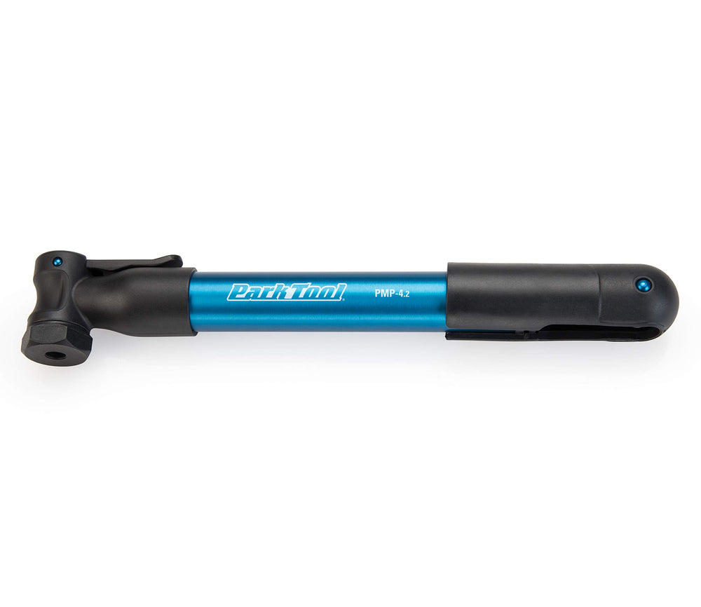 Park Tool mini pump front view showing compact blue body and easy carry benefit