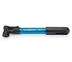 Park Tool mini pump front view showing compact blue body and easy carry benefit