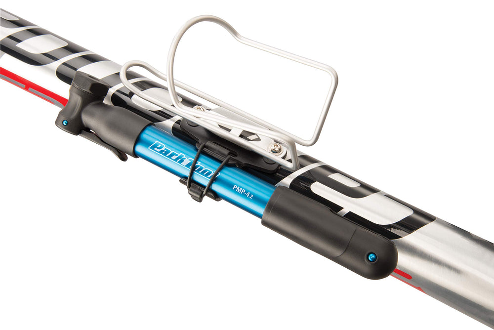 Park Tool mini pump mounted on a bike during a ride showing convenient access