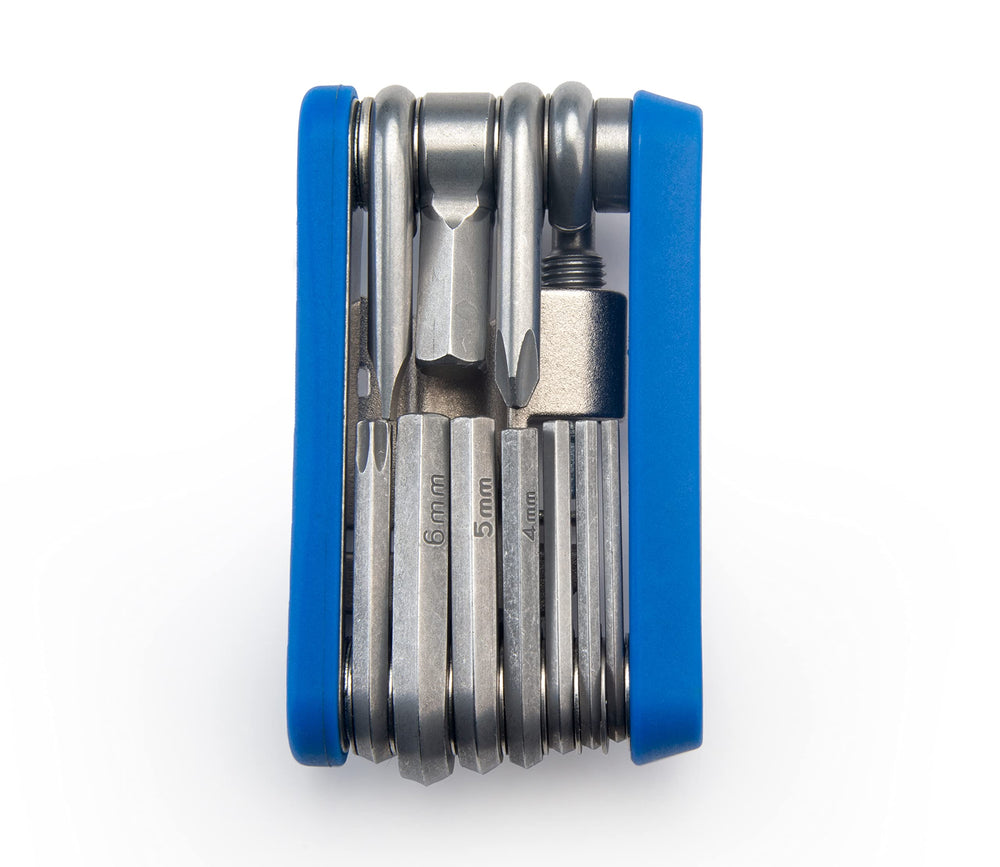 Park Tool rotor truing tool close-up demonstrating on-trail rotor straightening