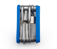 Park Tool rotor truing tool close-up demonstrating on-trail rotor straightening