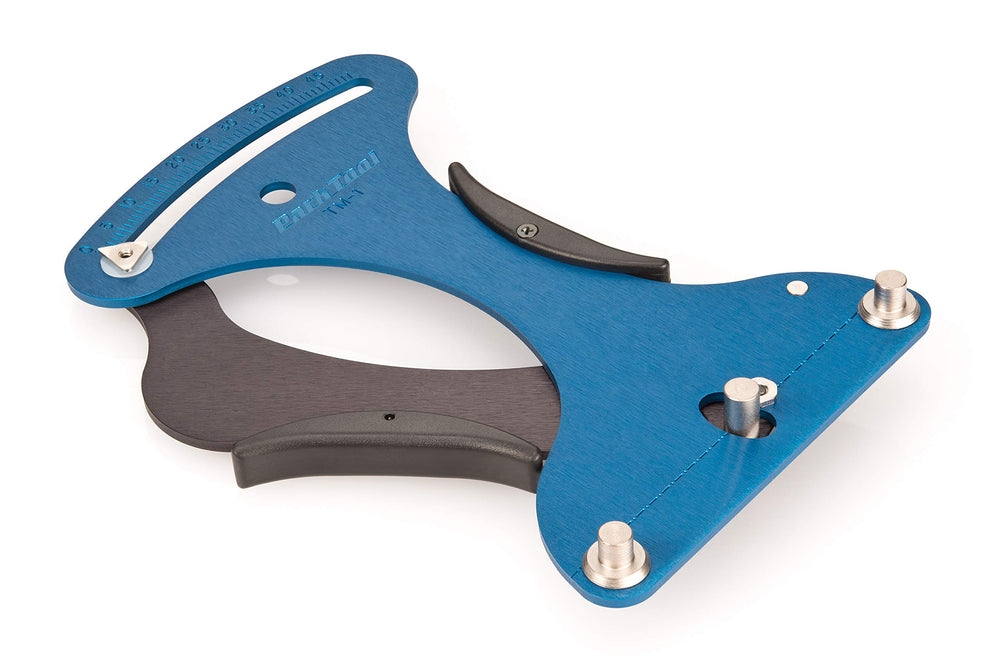 Park Tool TM-1 close-up of mechanical gauge and scale, precise deflection measurement