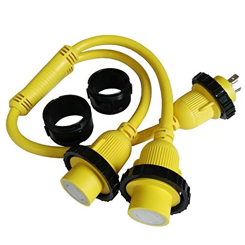 Parkworld front view of splitter showing both L5-30R outlets and male plug for clear identification and safe use