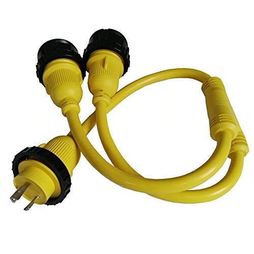 Parkworld splitter connected to marina pedestal illustrating secure dual hookup and tidy cable management