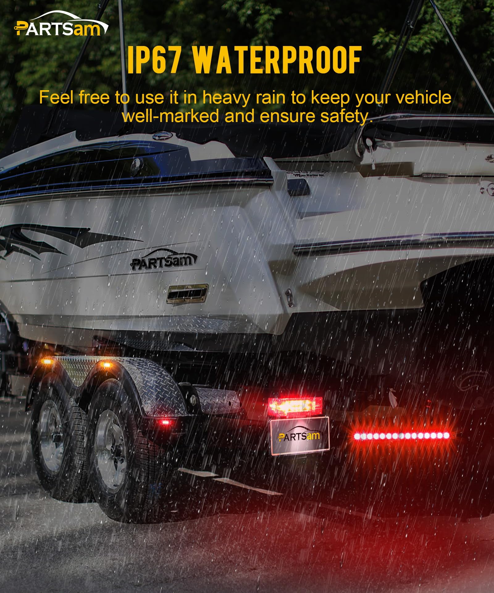 Partsam lights installed on trailer at night showing clear stop, turn and running illumination