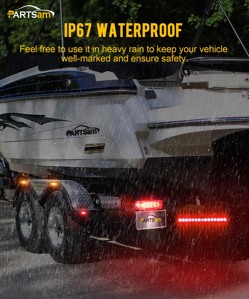 Partsam lights installed on trailer at night showing clear stop, turn and running illumination