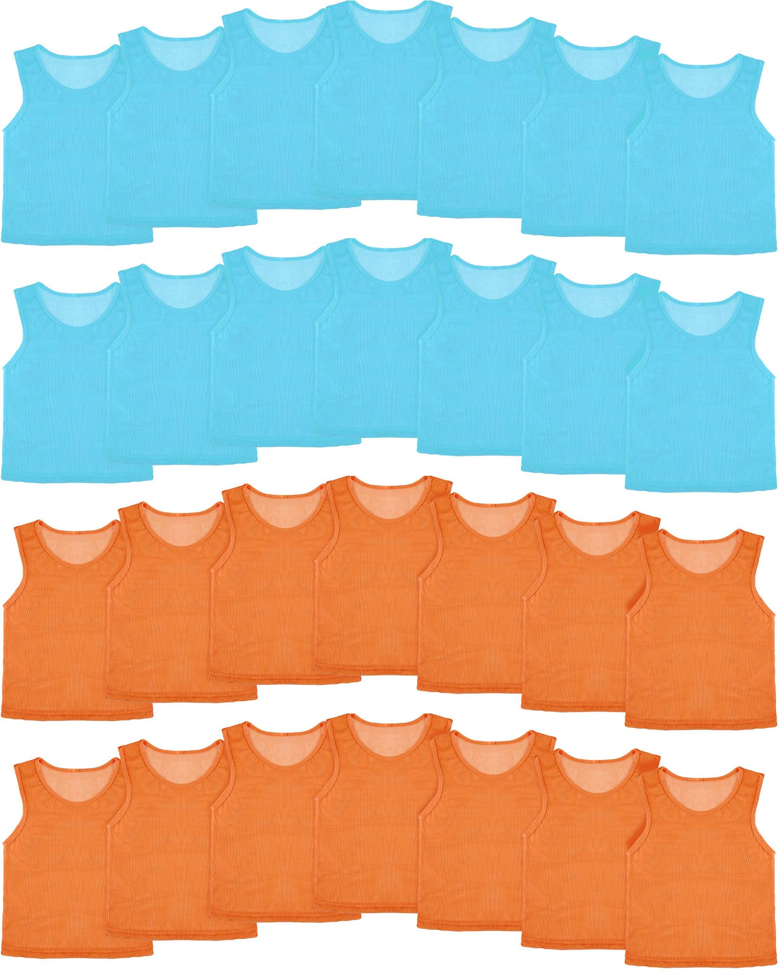 Pasimy front view of blue and orange pinnies set for easy team setup