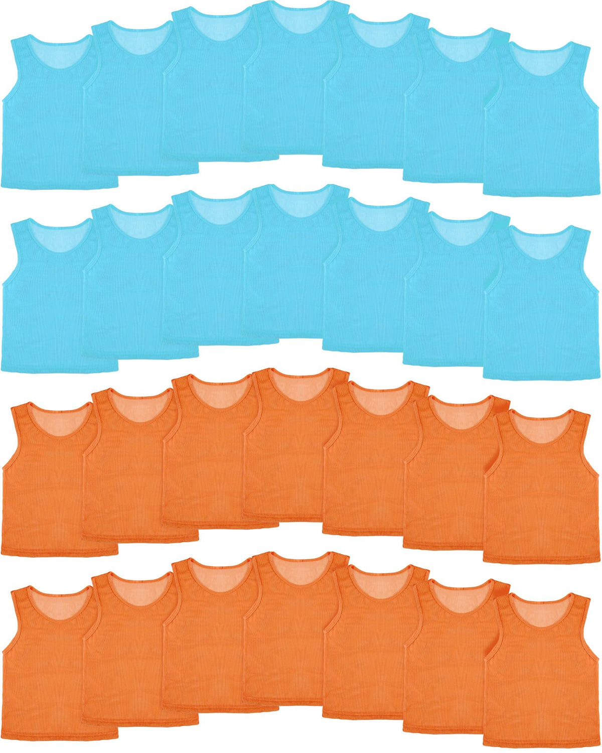 Pasimy front view of blue and orange pinnies set for easy team setup