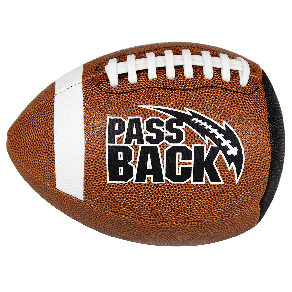 Passback front view showing official composite football and clear rebound edge benefit