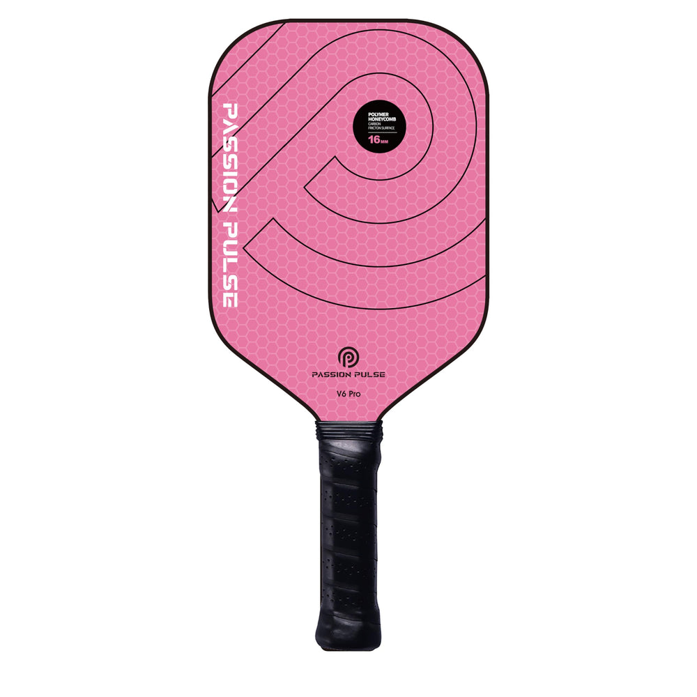 Passion Pulse paddle front view showing pink design and aerodynamic shape for improved play