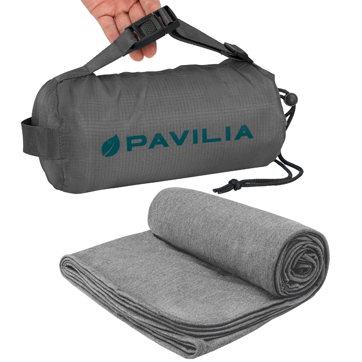 PAVILIA compact carry bag packed for travel, space-saving convenience