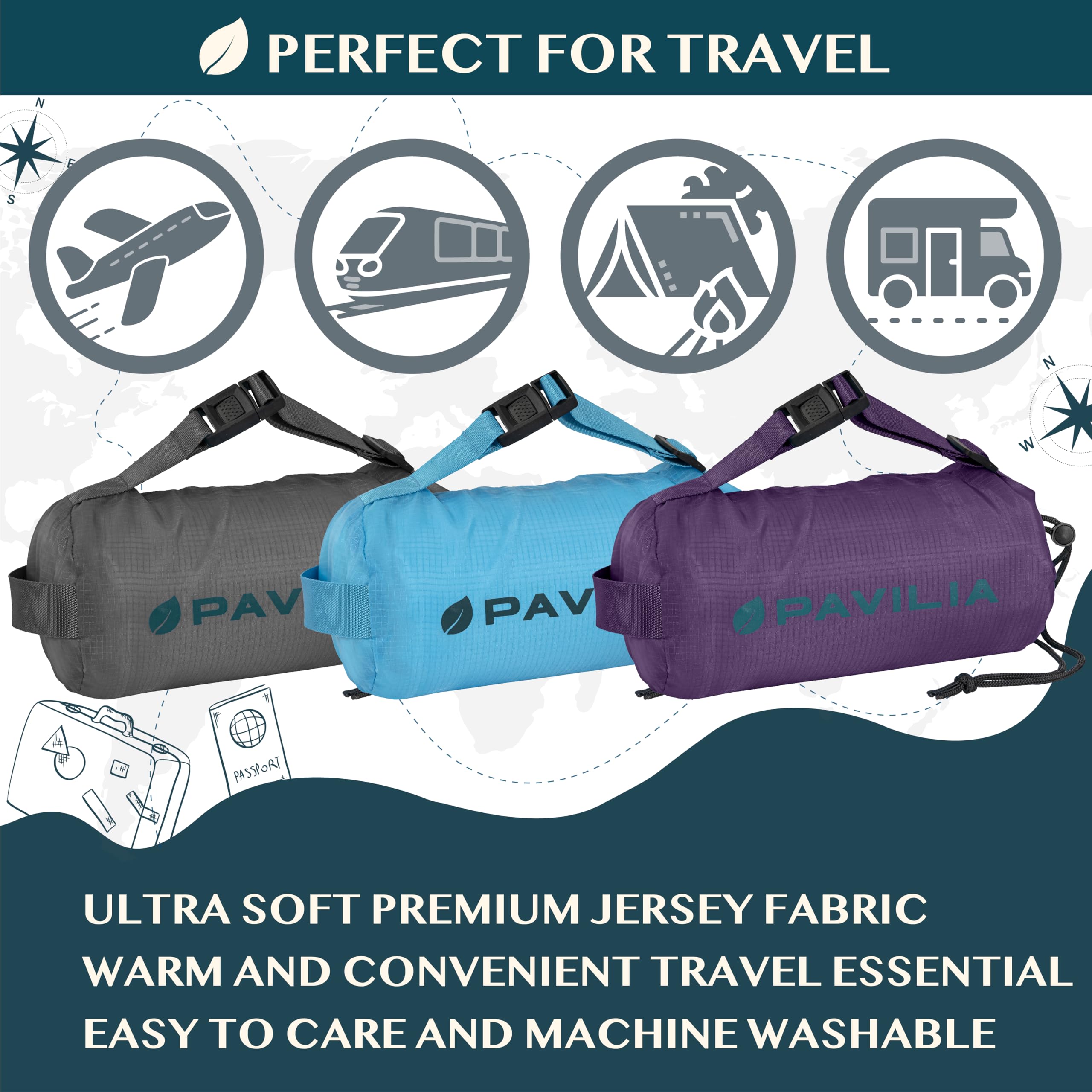 PAVILIA packed blanket clipped to luggage handle for secure transport