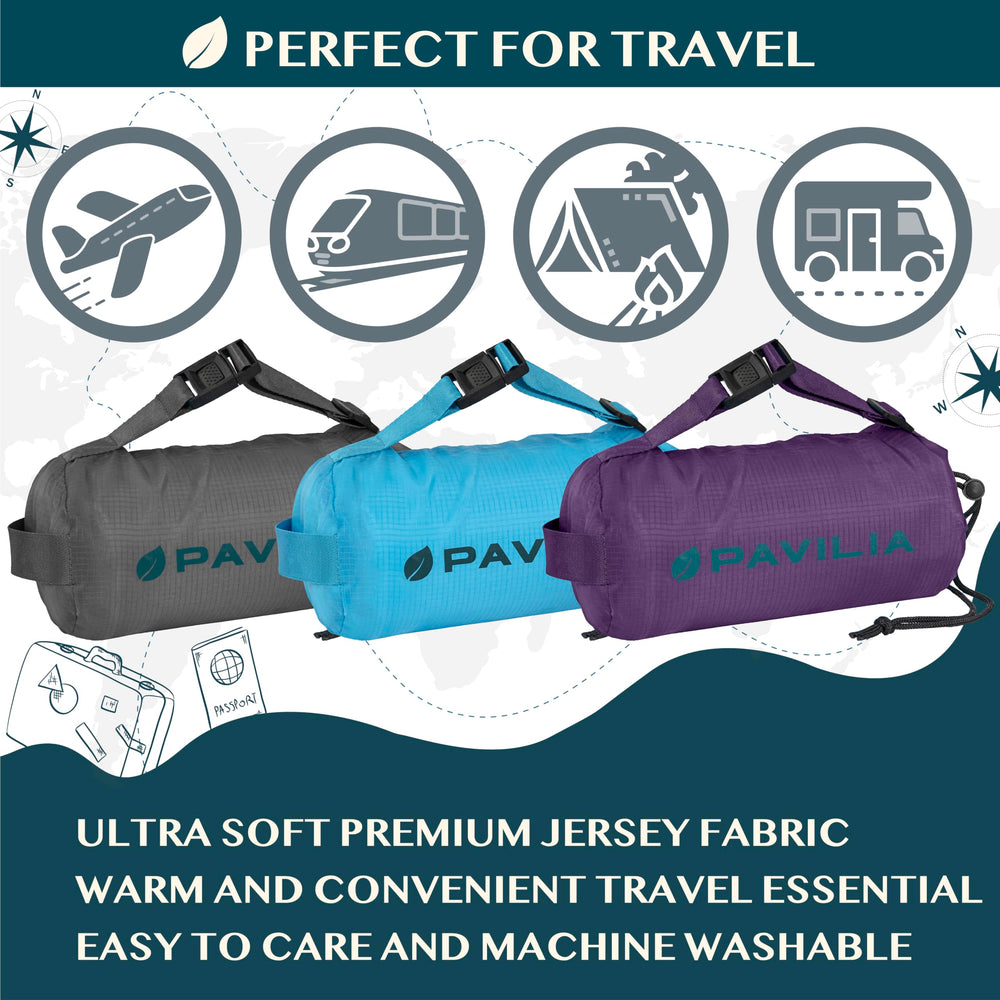 PAVILIA packed blanket clipped to luggage handle for secure transport