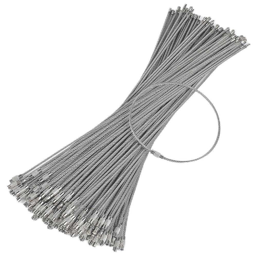 Pawfly front packaging showing 50 stainless steel keychain cables for bulk use and organization