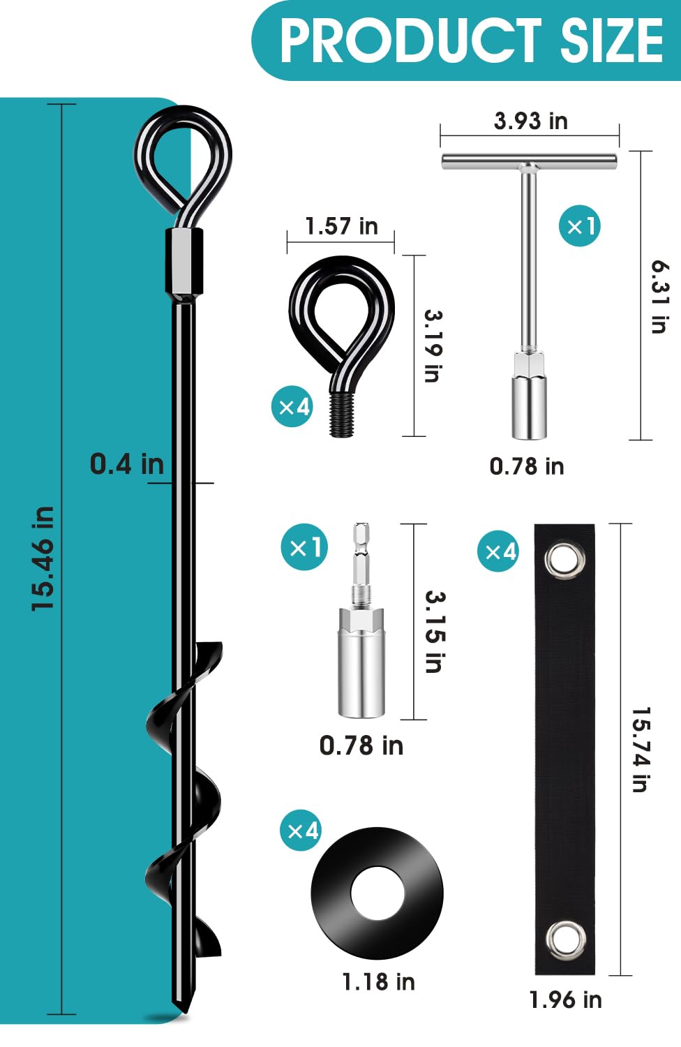 Anchor partially installed in soil beside a ruler showing 15-inch depth and strong hold benefit
