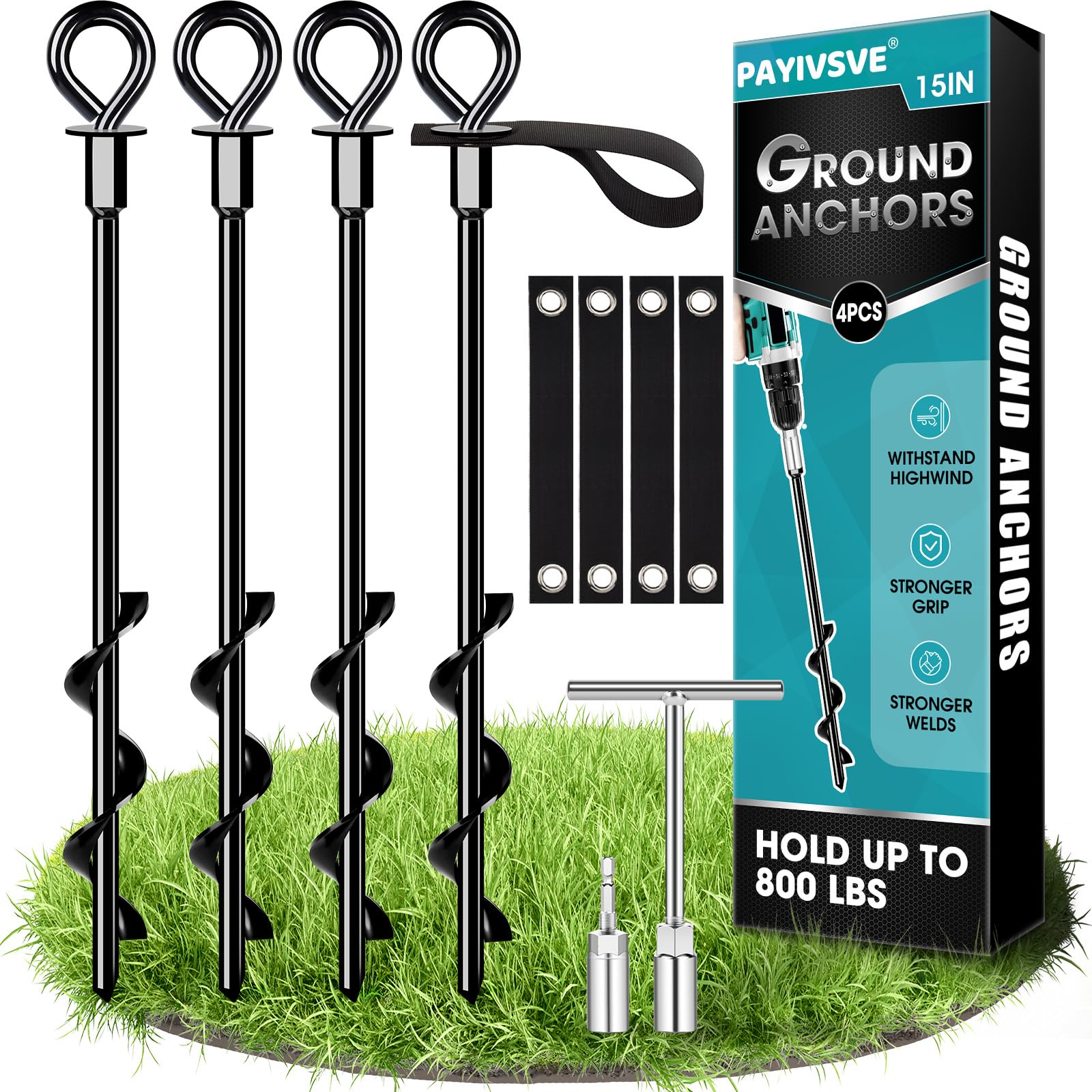 Payivsve front view of four black screw-in anchors showing kit contents and benefit securing gear