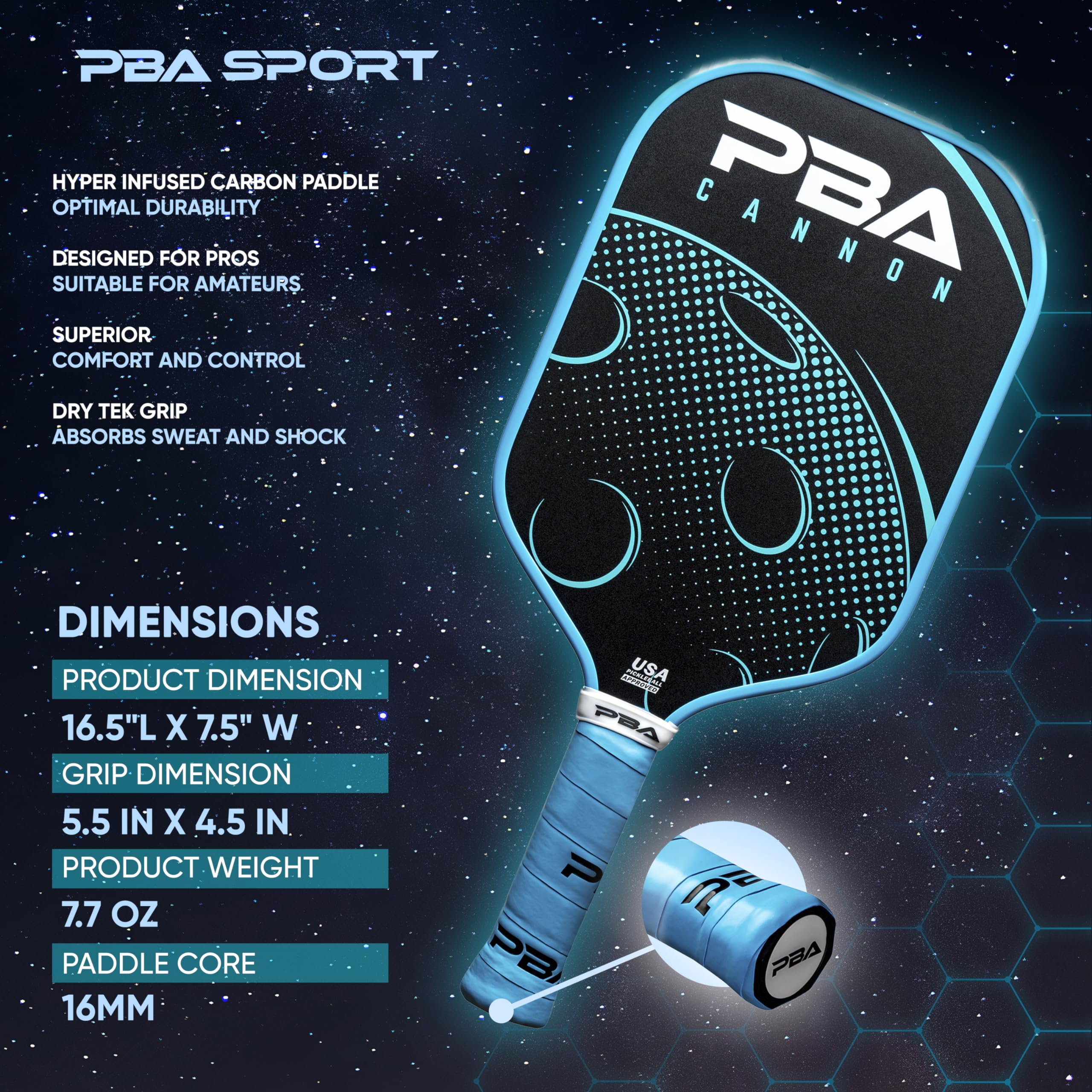 PBA SPORT paddle in play action shot demonstrating power and stability on volleys