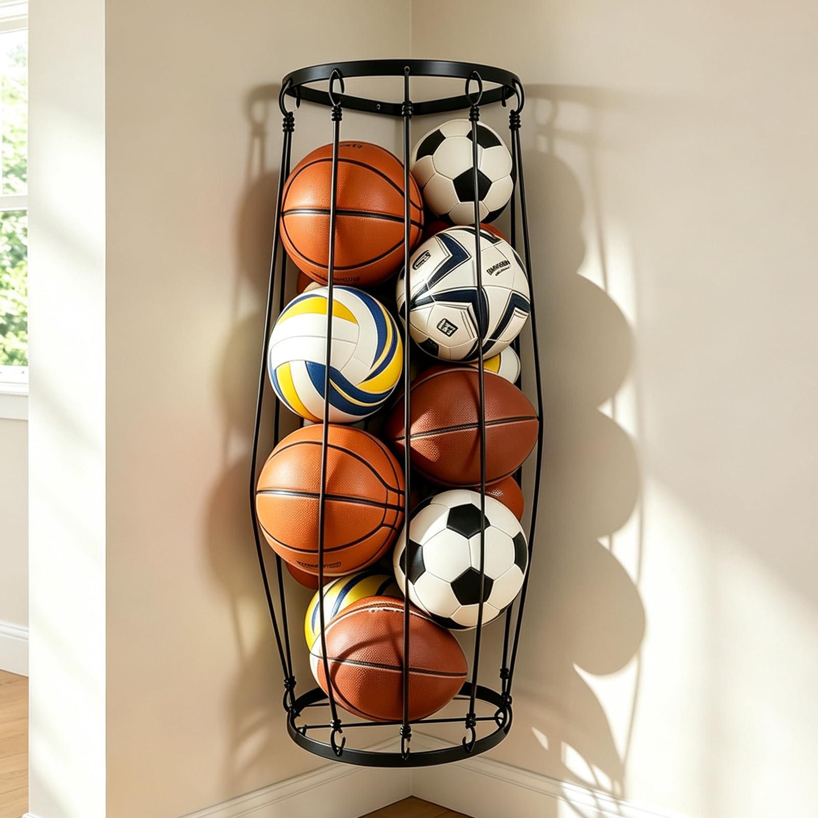 PcProfessional front view of corner-mounted rack showing tidy ball storage and space saving