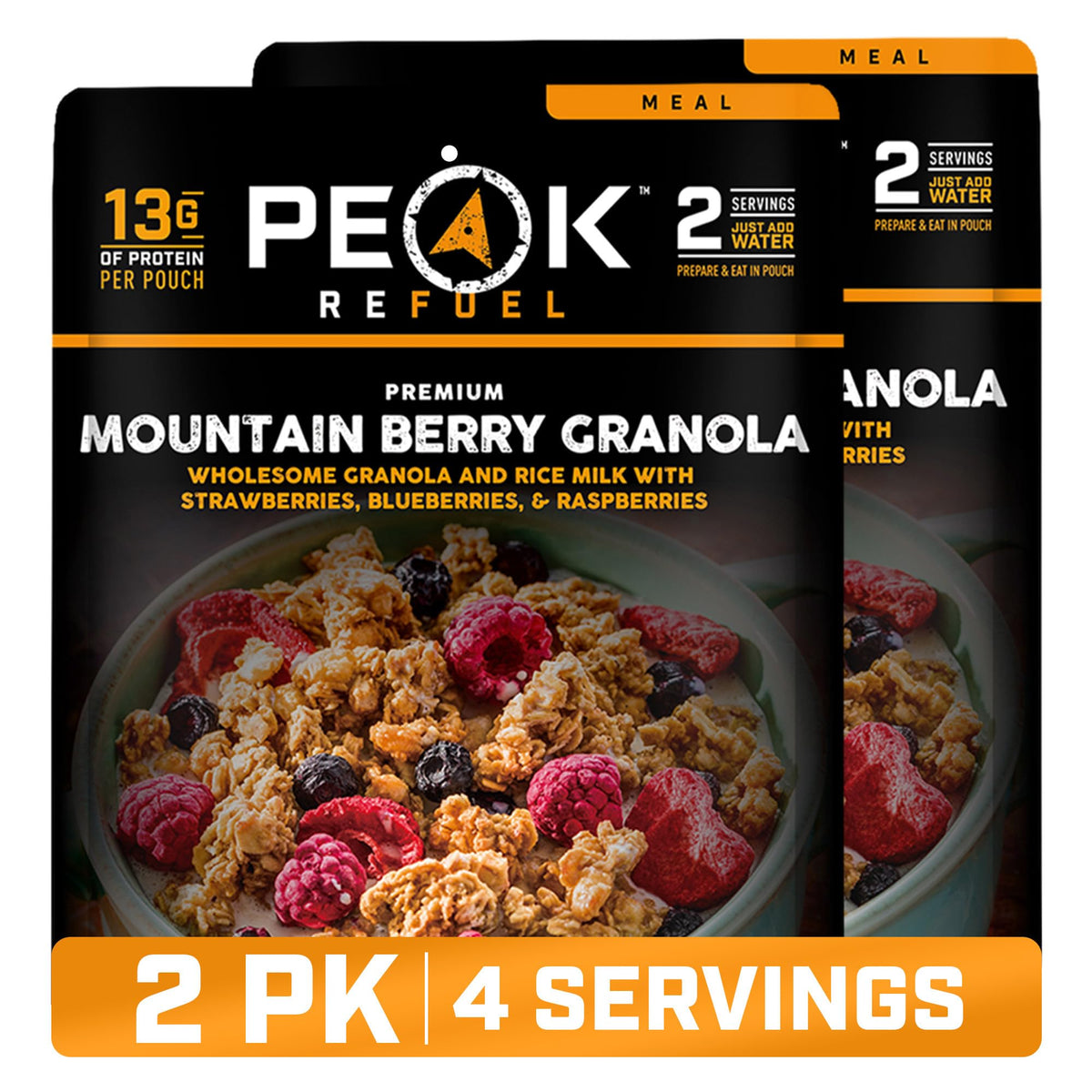 Peak Refuel front packaging showing two pouches and travel-friendly benefits