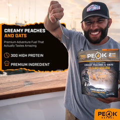 Peak Refuel opened pouch with oats and peaches showing easy rehydrate